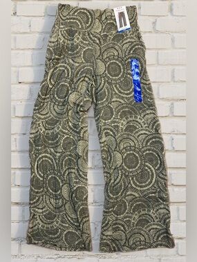 Three Dots Olive Green Circular Print Wide Leg Pull On Pant Size L